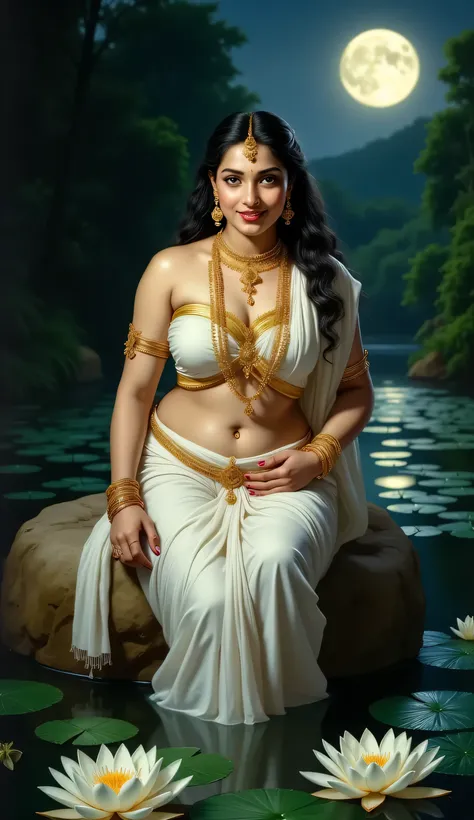 Night photograph of a 32 year old Indian woman posing as yakshni. She looking at the viewer with a seducing smile. She is sitting on a rock with village pond filled with lot of white water lily in the background. There is very little light and horror ambia...