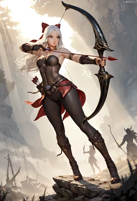 a fantasy art of a exquisite female archer, (silhouette artwork), as the sun rises, fantasy art, ), sunrising behind the archer, ready to act, ultra feminine, ultra feminine, best detailed face, ultra detailed face, long hair, dynamic bow sting drawn to th...