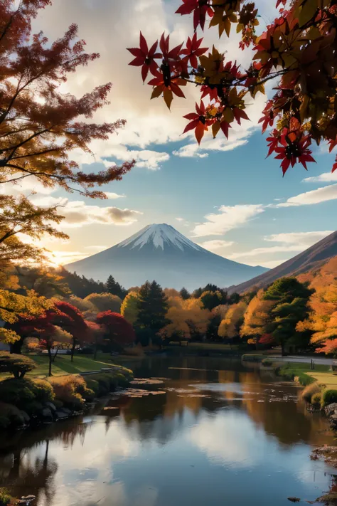 tranquil autumn sunrise scene at Lake Kawaguchi with Mount Fuji in the background, red maple leaves hanging from above, a rustic wooden bench in the foreground, vibrant red and orange fallen leaves on the ground, dramatic clouds lit by the rising sun, cry...