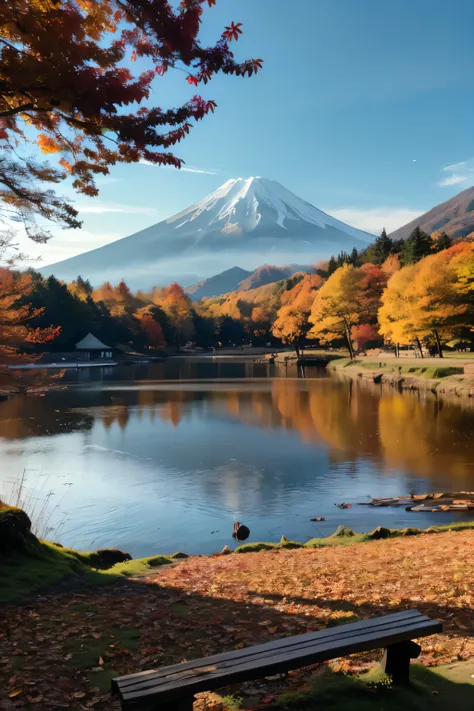 tranquil autumn sunrise scene at Lake Kawaguchi with Mount Fuji in the background, red maple leaves hanging from above, a rustic wooden bench in the foreground, vibrant red and orange fallen leaves on the ground, dramatic clouds lit by the rising sun, cry...