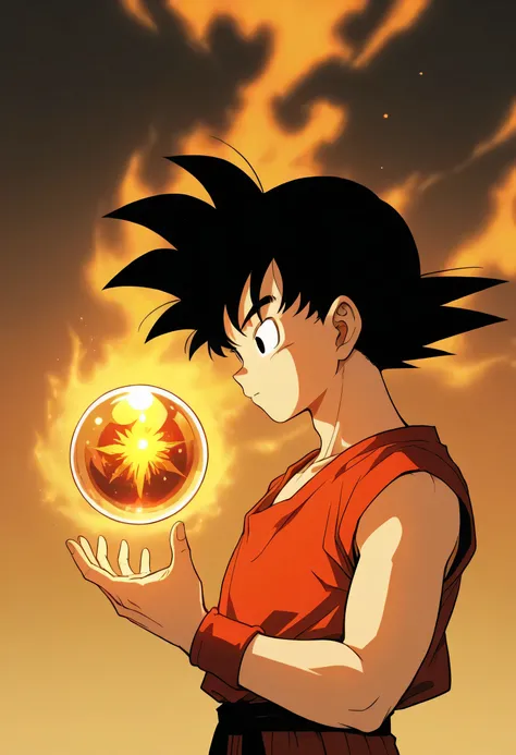  goku,  goku, black hair,  black eyes, side view, blue shirt,  innocents face, red wristband, holding a crystal ball with two hand, side view 