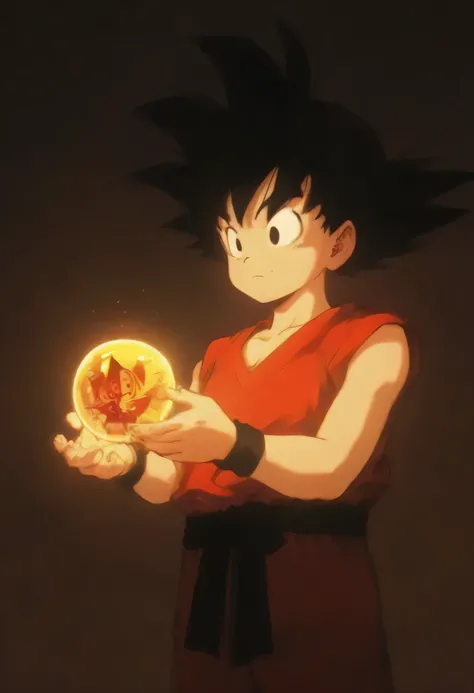 goku, goku, black hair, black eyes, side view, blue shirt, innocents face, red wristband, holding a crystal ball with two hand, side view