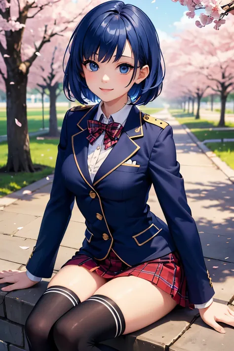 masterpiece, best quality, (beautiful woman with great attention to detail)1 lady, uniform, navy blue blazer, red checked mini skirt, black knee high socks, blue hair, medium hair, blue eyes, smile, schools, Schoolyard, cherry blossoms