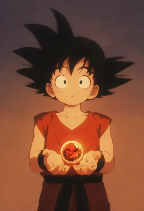 goku, goku, black hair, black eyes, side view, blue shirt, innocents face, red wristband, holding a crystal ball with two hand, side view, looking up