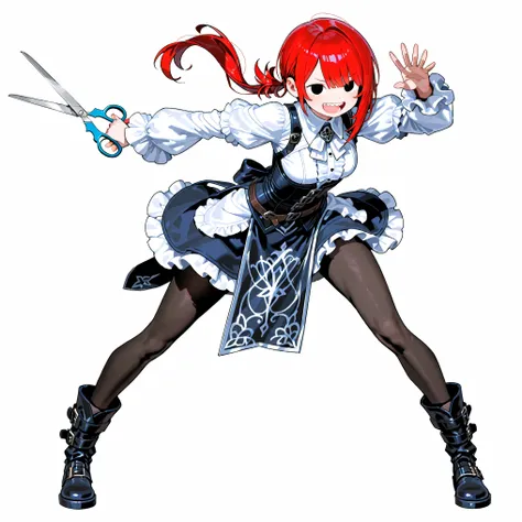 high resolution、High Quality、 female, shortcuts, low ponytail 、 stupid hair、Black Pantyhose 、Godly Outfit、double teeth、solo、thick soled boots、 asymmetric hair 、 simple eyes 、white background、standing、Mysterious、middle ages、large scissors