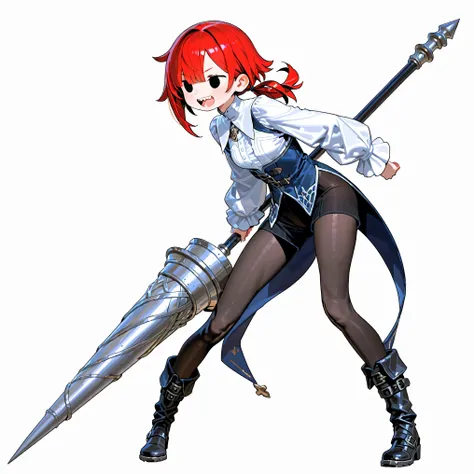 high resolution、High Quality、 female, shortcuts, low ponytail 、 stupid hair、Black Pantyhose 、Godly Outfit、double teeth、solo、thick soled boots、 asymmetric hair 、 simple eyes 、white background、standing、Mysterious、middle ages、large lance