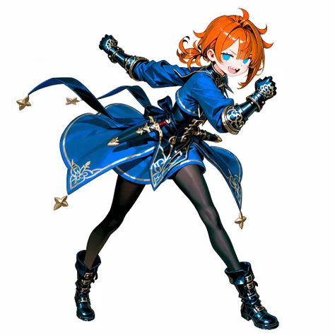 high resolution、High Quality、 female, shortcuts, low ponytail 、 stupid hair、Black Pantyhose 、Godly Outfit、double teeth、solo、thick soled boots、 asymmetric hair 、 simple eyes 、white background、standing、Mysterious、middle ages、Gotsy Gauntlet Gloves