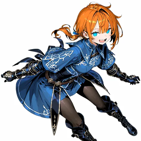 high resolution、High Quality、 female,  shortcuts,    low ponytail  、  stupid hair、Black Pantyhose  、Godly Outfit、double teeth、solo、thick soled boots、 asymmetric hair 、  simple eyes  、white background、standing、Mysterious、middle ages、Gotsy Gauntlet Gloves