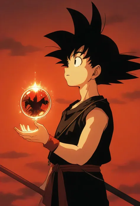 goku, goku, black hair, black eyes, side view, blue shirt, innocents face, red wristband, holding a crystal ball with two hand, side view, looking up, red staff on his back, side view