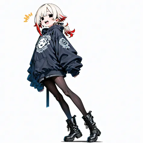 high resolution、High Quality、 female,  shortcuts,    low ponytail  、  stupid hair、Black Pantyhose  、godっぽい服装、double teeth、solo、thick soled boots、 asymmetric hair 、  simple eyes  、white background、standing、god