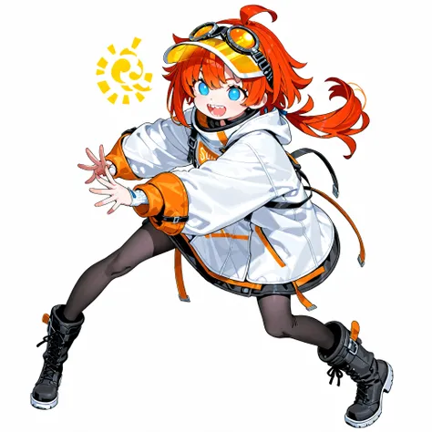 high resolution、High Quality、 female, shortcuts, low ponytail 、 stupid hair、Black Pantyhose 、double teeth、solo、thick soled boots、 asymmetric hair 、 goggles on head 、sun visor、 simple eyes 、white background、standing、Raise your right hand