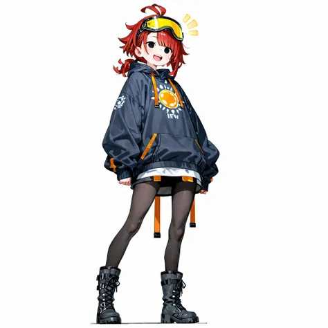 high resolution、High Quality、 female, shortcuts, low ponytail 、 stupid hair、Black Pantyhose 、double teeth、solo、thick soled boots、 asymmetric hair 、 goggles on head 、sun visor、 simple eyes 、white background、standing、I'm storing strength in my rig...