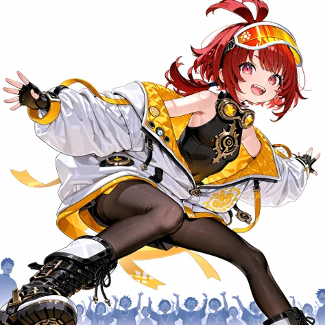 high resolution、High Quality、 gold、 female, shortcuts, low ponytail 、 stupid hair、Black Pantyhose 、double teeth、solo、thick soled boots、 asymmetric hair 、 goggles on head 、sun visor、 simple eyes 、white background、standing、Bad crowd