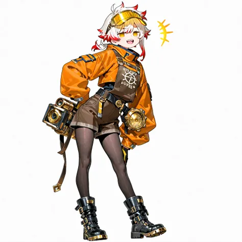 high resolution、High Quality、 gold、 female, shortcuts, low ponytail 、 stupid hair、Black Pantyhose 、mechanic fashion、double teeth、solo、thick soled boots、 asymmetric hair 、 goggles on head 、sun visor、 simple eyes 、white background、Thief、standing