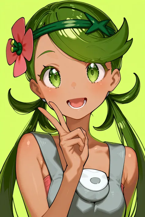 kmj-anonstyle, [artist:yoneyama mai], [artist:kanzarin], [artist: ekrea_jan], masterpiece,best quality,amazing quality, 748cmstyle, solo, eye focus, pokemon, pokemon sm, mallow (pokemon), zzMallow, green hair, green eyes, hair flower, hair ornament, 1girl,...