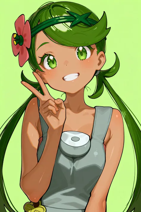 kmj-anonstyle, [artist:yoneyama mai], [artist:kanzarin], [artist: ekrea_jan], masterpiece,best quality,amazing quality, 748cmstyle, solo, eye focus, pokemon, pokemon sm, mallow (pokemon), zzMallow, green hair, green eyes, hair flower, hair ornament, 1girl,...