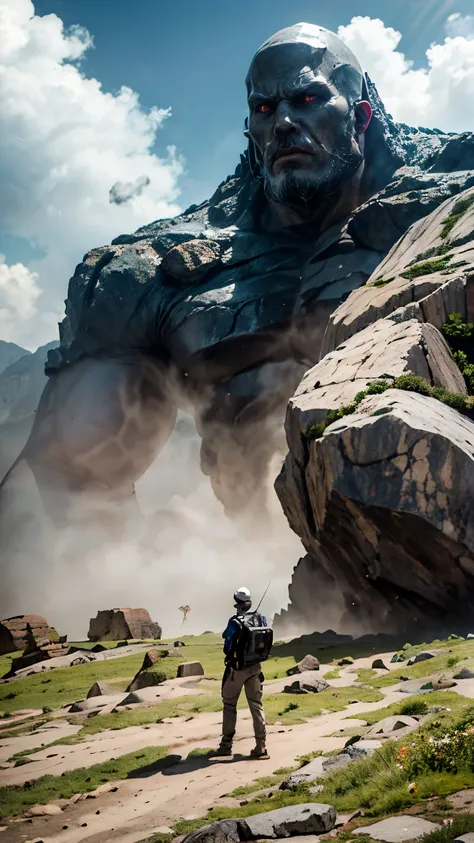 (good structure),high dynamic range,ultra high definition,8k,Rock Giants,Giant Clan, cliff, cloud, cloudy sky, day, giant, landscape,Upper body exposed to the ground,Body covered by mountains,smoke, male focus, mountain, mountainous horizon, muscular, outd...