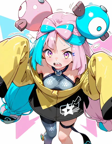 (dynamic angle,dynamic hand to own mouth pose),solo,(sneezing),pokemon iono, blue hair, bow-shaped hair, character hair ornament, hair ornament, long hair, low-tied long hair, multicolored hair, pink hair, sharp teeth, split-color hair, twintails, two-tone...