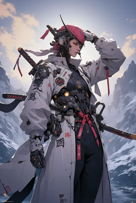 ((Anime art style illustration ) of ( Perfect of Asian Cyberpunk Girl ))), ((( Wears extremely fine and intricate cyberpunk samurai armor))), (( LED lights )), ( Invisible of Long Hair ), Perfect of Characteristics , ((((Full image) dynamic pose on mounta...