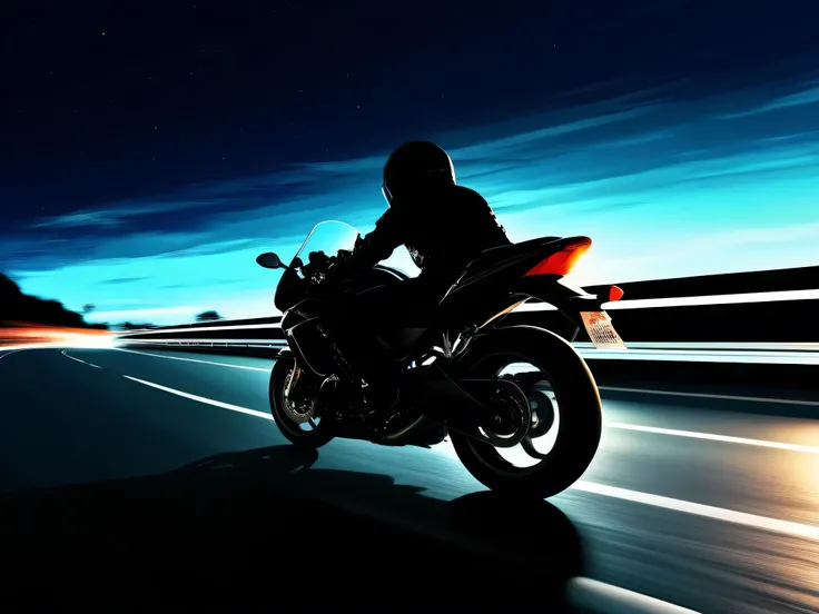 Late night highway。Far Away、Silhouette of a motorcycle speeding at high speed from the back of the screen。Elaborate painting style。