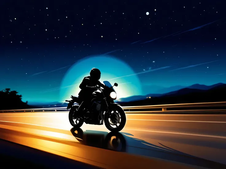 Late night highway。Far Away、Silhouette of a motorcycle speeding at high speed from the back of the screen。Elaborate painting style。