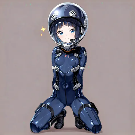 (masterpiece、best quality、highest resolution、 Clear Images 、 Detailed Details ):(full body、20 year old girl、the face of Japan、Xiaoyan、 Slim、 dark blue super short bob cut hair 、(Hidden small breasts:1.3)、 Sparkling Blue Eyes 、white and navy blue shiny pilo...
