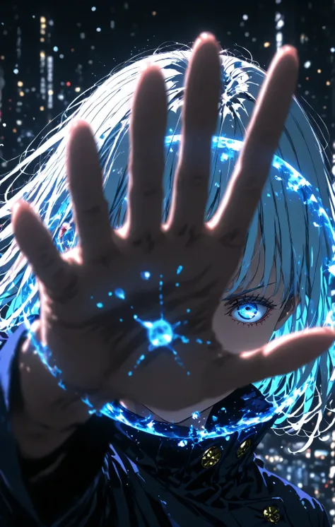 dark background, scenery, looking at viewer, 1 boy, gojo satoru-jujutsu kaisen, blue eye,,, reaching out, upper body, close-up, blurred background, depth of field, sharp shadow, zoom, anime coloring, [wlop:0.05, yoneyama mai:1.55, mika pikazo:1.2]
