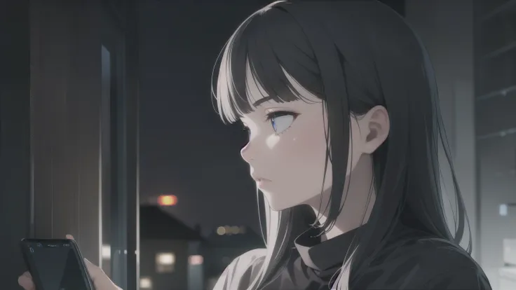sad woman、night、low battery、Smartphone,High Quality,realistic,Dark Atmosphere,deep color,Strong emotions,detailed reproduction,4K,UHD,studio lighting,Extremely Detailed ,Professional,vivid colors,Bokeh