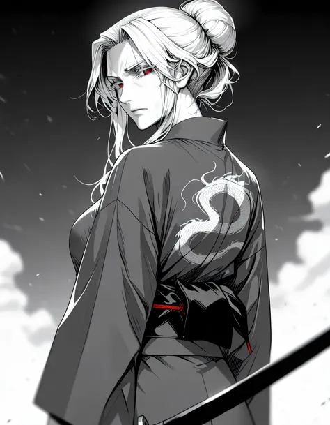 a girl , samurai, holding katana, colored eyelashes, red eyes, long hair disanged, single bun, hair combed back, hair with red gradation, yukata with dragon motif,(yukata with dragon motif yang rumit), looking towards viewer, manga style art, monochrome, ...