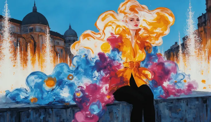 fashion illustration, illustration, surreal fantasy, Linda garota com cabelo ponny tail, casual cloths, sentada em um banco em uma praça em Roma , palette of color Amaranth Purple, Cadet Blue (Crayola), Azureish White, Teal Blue, Morning Blue, sunset, v...