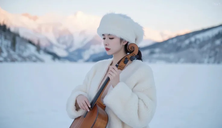 A beautiful woman in a luxurious white fur coat slightly open at the chest, wearing a white fur hat, playing a traditional Chinese guqin on a frozen lake, surrounded by snowy mountains, soft pastel winter sky, serene and elegant atmosphere, cinematic light...