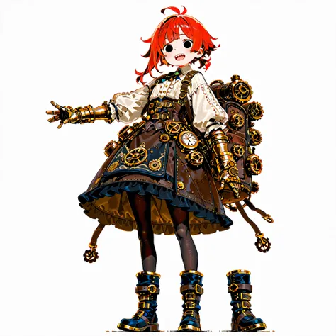 high resolution、High Quality、Shortcuts, low ponytail 、 stupid hair、Black Pantyhose 、steampunk clothes、double teeth、solo、thick soled boots、 asymmetric hair 、 simple eyes 、white background、standing、Extremely large steampunk gauntlet、The body is made ...