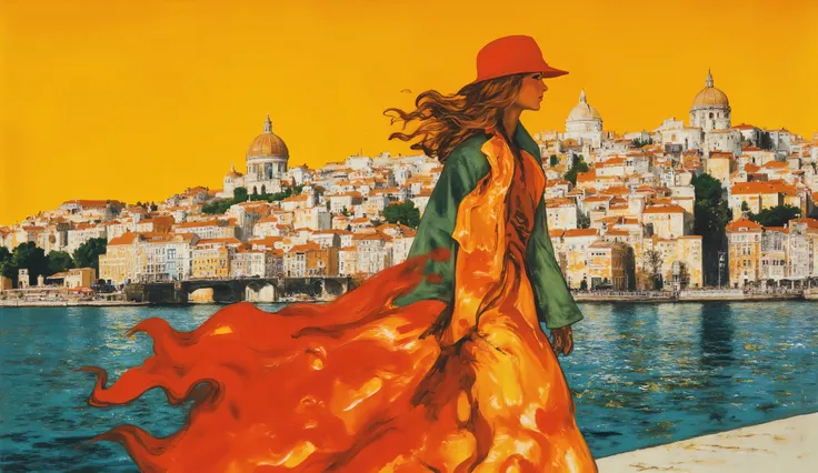 fashion illustration, illustration, surreal fantasy, Beautiful girl with long wavy hair, casual cloths, walking in historic Lisbon city, by the river , palette of color Black Chocolate, Army Green, Palm Leaf, Copper (Crayola), Dark Pastel Red, sunset, ...