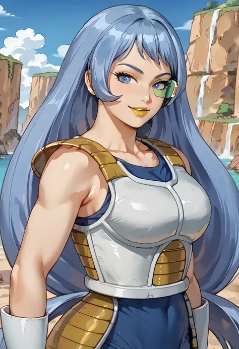 woman, big breasts, anime style, yellow lipstick, white skin, blue eyes, blue hair, long hair, looking at viewer, smile, smiling, arrogant smile, focus on character, side view, Saiyan armor, thin waist, wide hips, Saiyan armor Dragon Ball, Saiyan Scouter (...