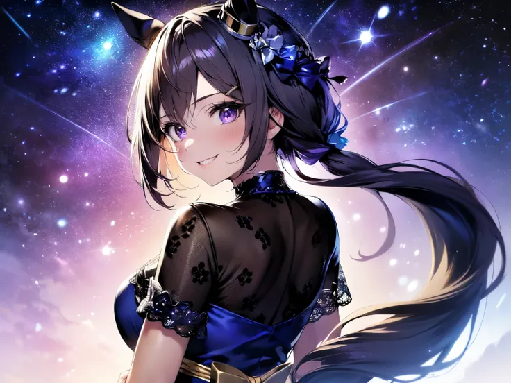 Solo. Girl. (With horse ears: 1.5). (With horse tail: 1.5). (Slender. Nice breasts: 1.5). (Black hair: 1.5). (Arms down: 1.5). (Hands behind back: 1.5). (Blue short sleeve dress with beautiful sheer lace: 1.5). (Wearing a beautiful tiara: 1.5). (Black glov...