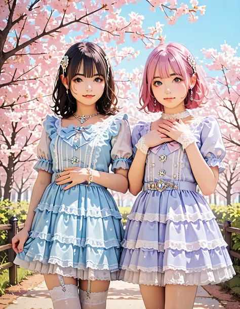 (score_9, score_8_up, score_7_up), source_Anime, absurd_res, white, blue, black, 2girls, duo, super fine illustration, an extremely delicate and beautiful, best quality, masterpiece, 8K, spring setting, cherry blossoms, gentle breeze, sunlight filtering th...