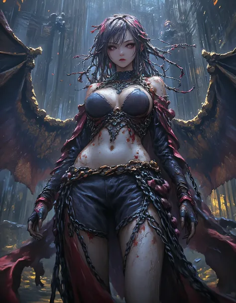 High Resolution, Masterpiece, Accurate, Anatomically Correct, Award Winning, Best Quality, HD, High Details, High Quality, Quality, Textured Skin, Super Detailed, UHD, From Below, 1girl, enermous bat Wings,rain, looking at sky, streetewear,Breasts, Large b...