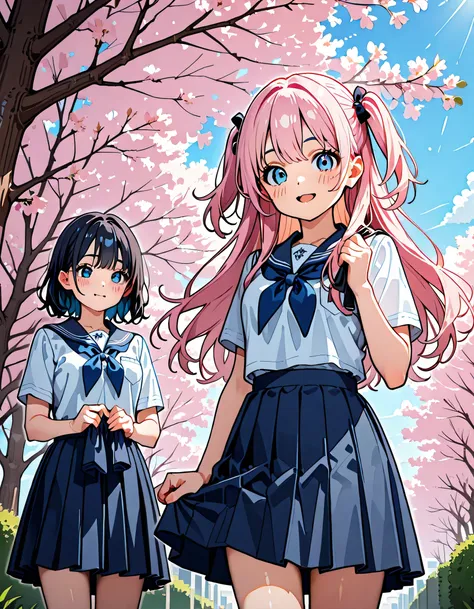 (score_9, score_8_up, score_7_up), source_Anime, absurd_res, white, blue, black, 2girls, duo, super fine illustration, an extremely delicate and beautiful, best quality, masterpiece, 8K, spring setting, cherry blossoms, gentle breeze, sunlight filtering th...
