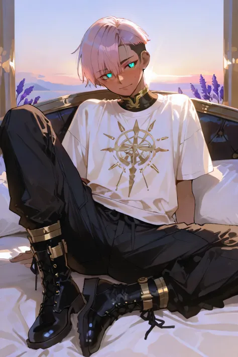 tanned mixed-race black skinned young with freckles, glowing clear glossy skin, short spiky lavender and salmon pink hair , black trimmed undercut taper sides and back behind hair, and sky blue neon eyes, wearing white GI baggy tech modern shirt with go...