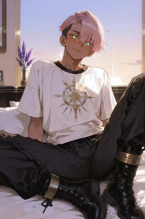 tanned mixed-race black skinned young with freckles, glowing clear glossy skin, short spiky lavender and salmon pink hair , black trimmed undercut taper sides and back behind hair, and sky blue neon eyes, wearing white GI baggy tech modern shirt with go...