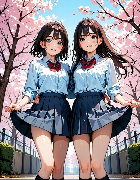 (score_9, score_8_up, score_7_up), source_Anime, absurd_res, white, blue, black, 2girls, duo, super fine illustration, an extremely delicate and beautiful, best quality, masterpiece, 8K, spring setting, cherry blossoms, gentle breeze, sunlight filtering th...