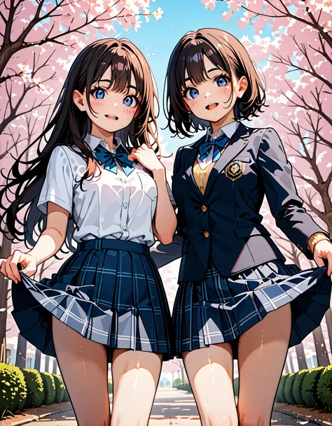 (score_9, score_8_up, score_7_up), source_Anime, absurd_res, white, blue, black, 2girls, duo, super fine illustration, an extremely delicate and beautiful, best quality, masterpiece, 8K, spring setting, cherry blossoms, gentle breeze, sunlight filtering th...