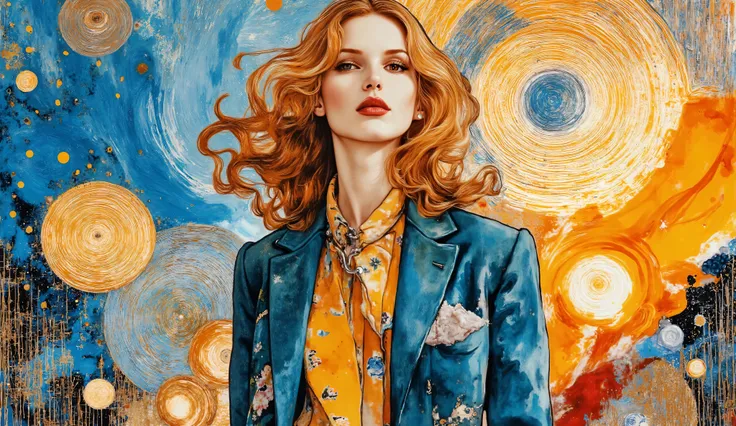 fashion illustration, illustration, fantasia surreal, Beautiful girl with long wavy hair, casual clothes, walks in London by the big ben , color palette Maximum Blue, Battery Charged Blue, Orange Soda, Burnt Umber, Indian Red, morning, volumetric ligh...