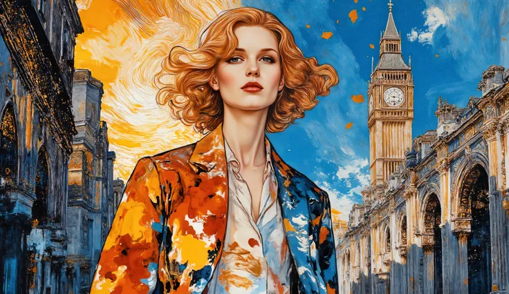 fashion illustration, illustration, fantasia surreal, Beautiful girl with long wavy hair, casual clothes, walks in historic London, color palette Maximum Blue, Battery Charged Blue, Orange Soda, Burnt Umber, Indian Red, morning, volumetric lights, , ...