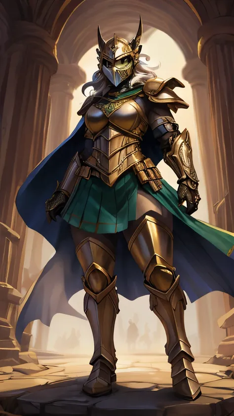 A powerful armored female warrior standing in a heroic front-facing pose, her body athletic and hourglass-shaped, fully covered in ornate silver armor with intricate gold accents. Her armor design is elegant and curved, inspired by celestial and high-fanta...