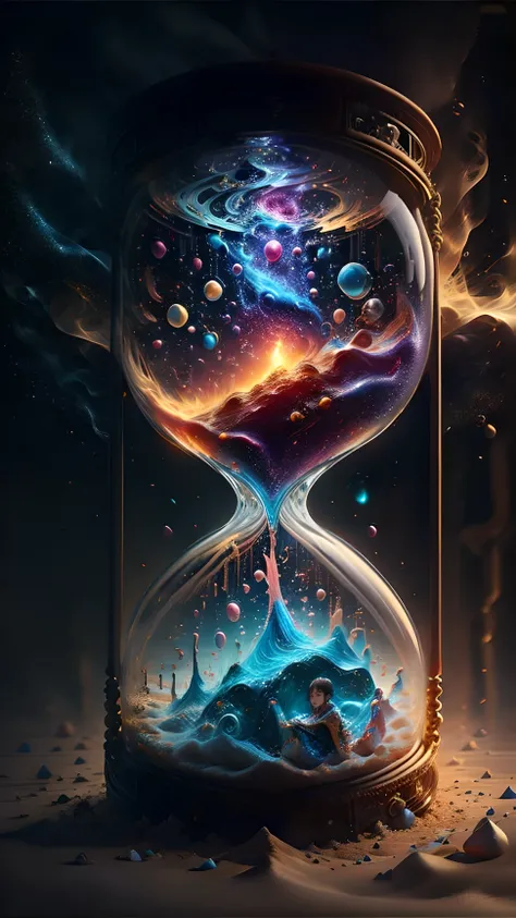 A woman stuck in a crystal with magic sand. Galaxy in a clear glass bottle on the table。Beautiful nebulas。