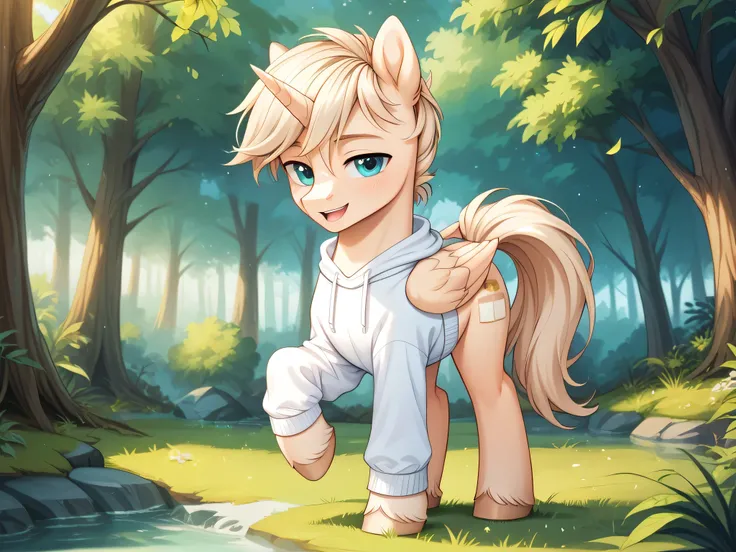 , a pony stallion with light cream hair and expressive eyes comfortably rests on the lush forest underneath styling, in a cozy white sweatshirt. The tail and mane are stylized in flowing, , slightly tousled blonde. The forest background is filled with tall...