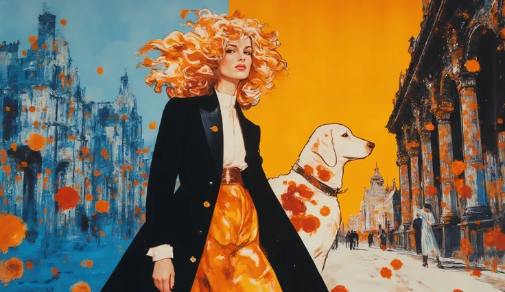 fashion illustration, illustration, fantasia surreal, Beautiful girl with long wavy hair walks with her basset dog using casual clothes in historic London, color palette Maximum Blue, Battery Charged Blue, Orange Soda, Burnt Umber, Indian Red, morning,...
