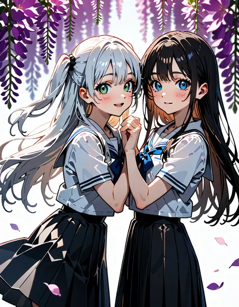(score_9, score_8_up, score_7_up), source_Anime, absurd_res, white, blue, black, 2girls, duo, super fine illustration, an extremely delicate and beautiful, best quality, masterpiece, 8K, spring setting, wisteria flowers, gentle breeze, sunlight filtering t...