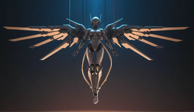 Anime drawn image, intricate, detailed, ornate, fantasy, machinery, neon, cyborg, mechanical parts, mechanical limbs, mechanical wings, cybernetic augmentations, probes, cables, wires, suspended in the air, ray tracing, 16k, UHD, cinematic, masterpiece, aw...